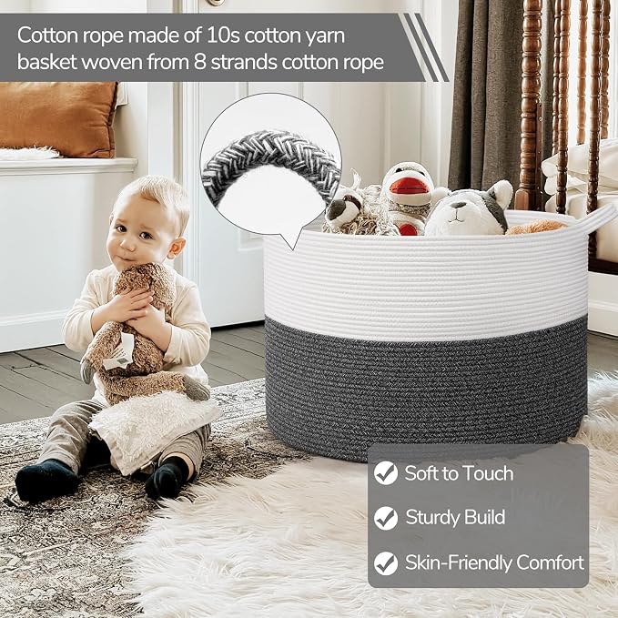 INDRESSME 115L Extra Large Woven Rope Blanket Basket Living Room | 23.6" x 15.7" Storage baskets for toys laundry & pillows. Fits living room, bedroom or nursery décor. Soft-touch with handles