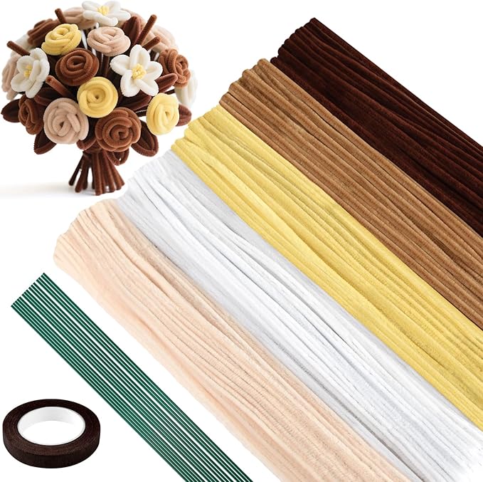 ASTARON 521 Pcs Pipe Cleaners Craft Set, 5 Colors Pipe Cleaners Bulk Pastel Chenille Stems for Craft Pipe Cleaner Flowers Making Kit with Floral Wires, Gardening Tape (Yellow Brown Series)