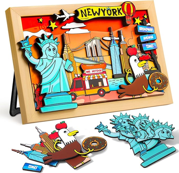 LQG Art Crafts Gift for Kids 4-8 Ages 3D Wooden City Landmark Series Frame Kit for Kids - DIY New York Cartoon Style Puzzle Toys Perfect Wall Art and Tabletop Decoration