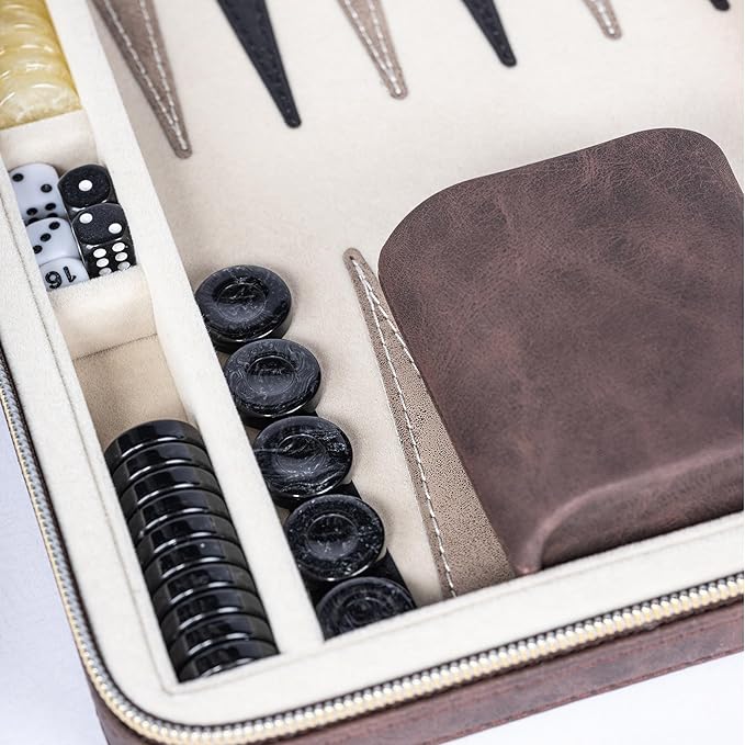 Backgammon Sets for Adults, Classic Board Game with Folding Leather Backgammon Case, Portable Travel Backgammon Game Set (Brown)