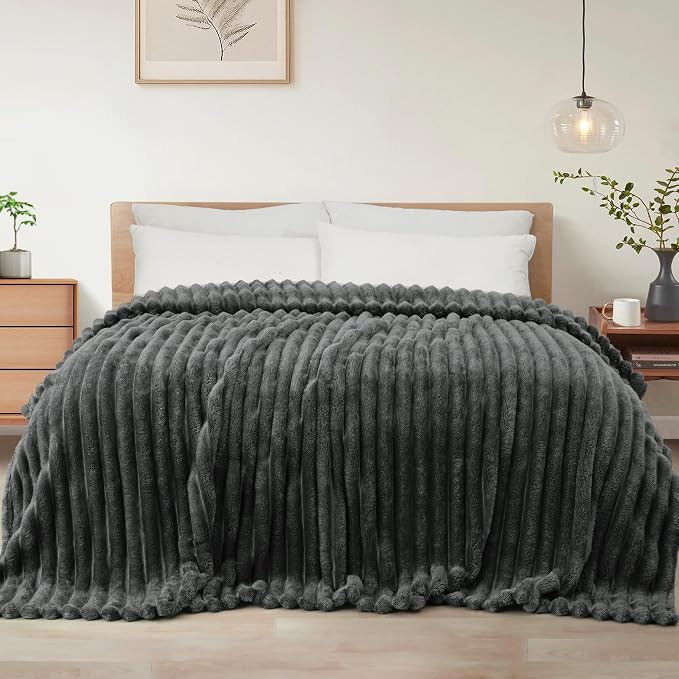Exclusivo Mezcla Striped King Size Fleece Blanket for Bed, Couch, 90"x104" | Soft Breathable Cozy Bed Blankets, Lightweight Plush Fluffy Fuzzy Jacquard Decorative Blankets
