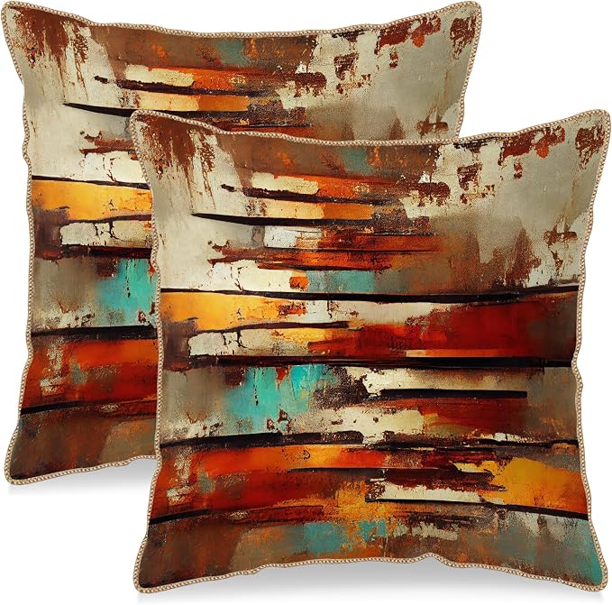 Burnt Orange Teal Rust Soft Velvet Throw Pillow Covers Set of 2 Abstract Vintage Metalic Copper Pillow Covers 18x18 Inch Retro Colorful Pillow Case For Sofa Couch Living Room Farmhouse Home Decor