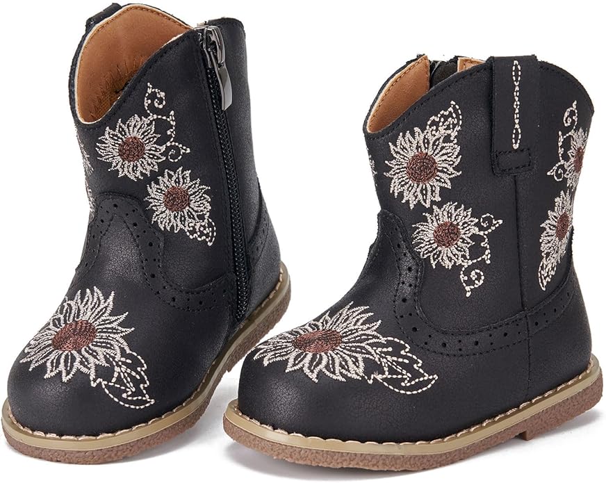 Newsonet Baby Cowboy Cowgirl Boots Infant Western Boots Toddler Boys Girls Round Toe Riding Mid Calf Boots All Seasons for 6 9 12 18 24 Months
