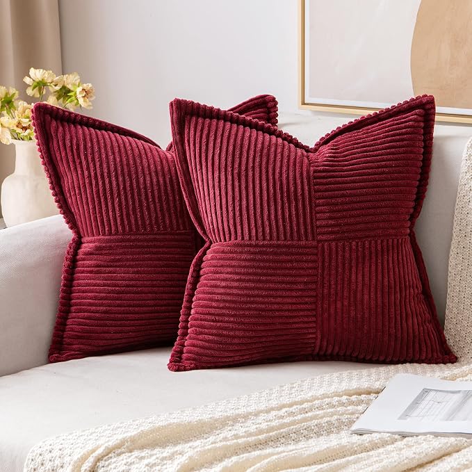 MIULEE Decorative Throw Pillow Covers for Couch 18x18 Inch Burgundy 2 Pack | Boho Broadside Striped Patchwork Pillow Covers, Soft Corduroy Cushion Cases, For Sofa Bed Livingroom Home Decor