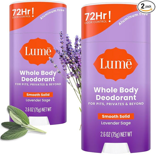 Lume Whole Body Deodorant - Smooth Solid Stick - 72 Hour Odor Control - Aluminum Free, Baking Soda Free and Skin Safe - 2.6 Ounce (Pack of 2) (Lavender Sage)