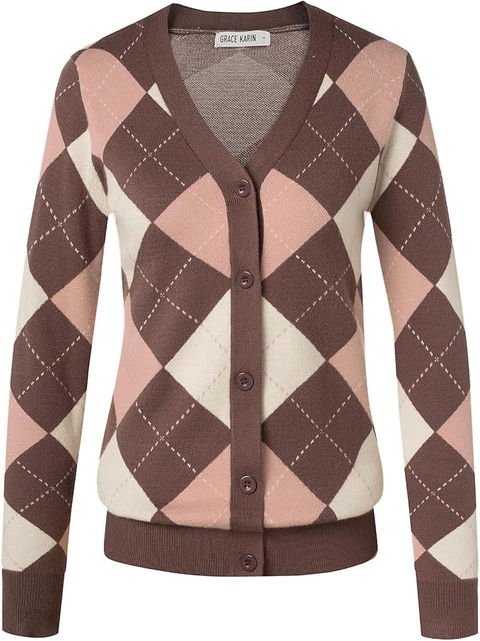 GRACE KARIN Womens Cardigan Sweater Fall Fashion Argyle Sweater Button Up Cardigan Teacher Outfits Preppy Clothes