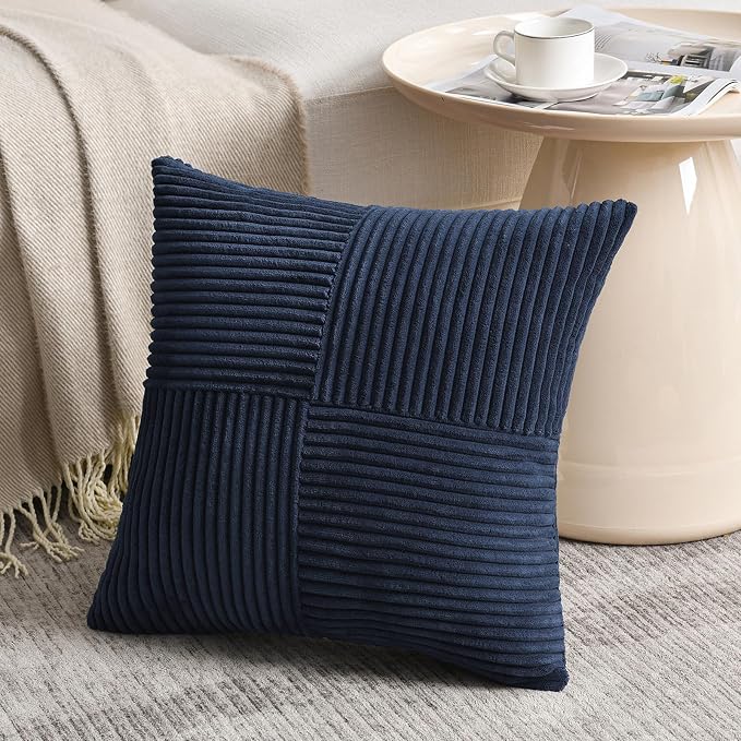 Fancy Homi 2 Packs Navy Blue Decorative Throw Pillow Covers 18x18 Inch for Living Room Couch Bed, Rustic Farmhouse Boho Home Decor, Soft Corss Corduroy Patchwork Textured Square Cushion Case 45x45 cm