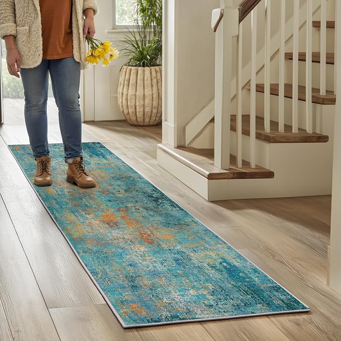 RELEANY Washable Runner 2'x6' Abstract Area Rug for Hallway Teal Multi | carpet for kitchen, entryway, bathroom, living room, bedroom, printed pattern, non-slip, soft, stain-resistant, easy to clean