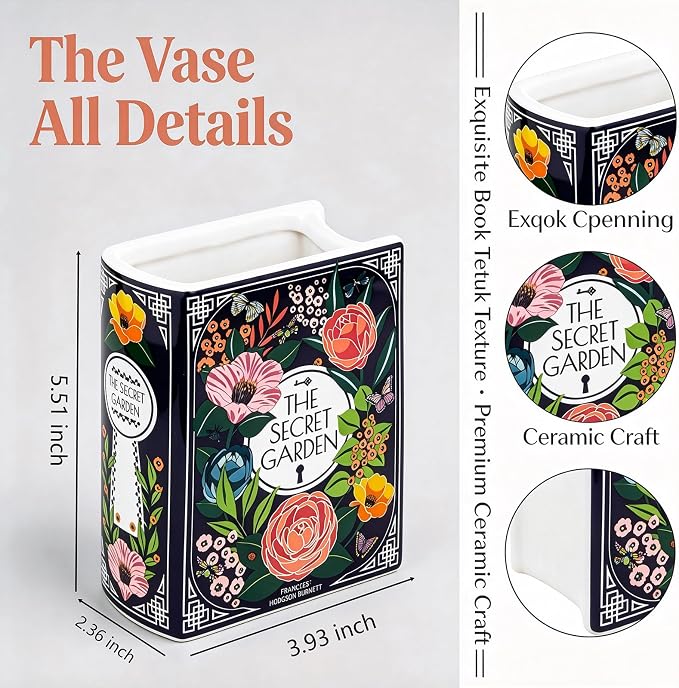 Ceramic Book Vase - Unique Book Shaped Vase for Flowers, Decorative Desk & Shelf Decor, Creative Aesthetic for Shelf Table Home Office Decor,Gift for Book Lovers, Readers & Plant Enthusiasts