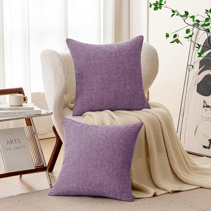 a moment Purple Chenille Throw Pillow Covers 18x18 Inch Pack of 2 Modern Decorative Throw Pillow Covers Farmhouse Cross Covers Home Decor for Sofa Bedroom Living Room