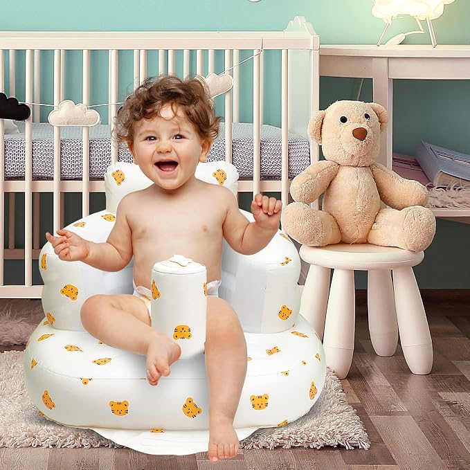 AirSwim Inflatable Baby Chair, Inflatable Baby Seat for Babies 3 Months and Up, Summer Blow Up Chair with Built in Air Pump, Bumbo Seat for Learning to Sit, Palying, Camping, Tiger