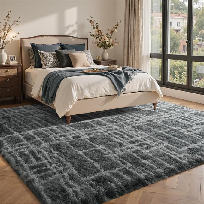 8x10 Ft Extra Large Shag Rugs for Living Room, Tie Dyed Ultra Soft Fluffy Furry Area Rugs for Bedroom Indoor Floor, Aesthetic Carpet for Kids Home Decor (Grey)
