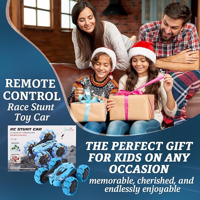Remote Control Car, New Upgraded Double-Sided 360° Rotating RC Toy Cars with LED Headlights, 2.4GHz Rechargeable Electric Race Stunt Car with 4WD, Best Gift for 6-12 Year Old Boys and Girls (Blue)