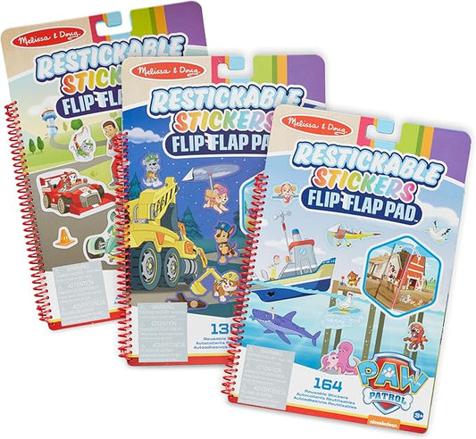 Melissa & Doug PAW Patrol Restickable Stickers Flip-Flap Pad 3-Pack – Classic Missions, Adventure Bay, Ultimate Rescue