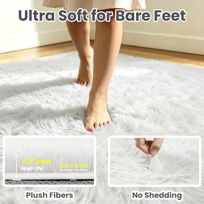 5x8 Area Rug for Living Room, Ultra Soft Fluffy White Rugs for Bedroom, Non Slip Large Shag Carpet, Fuzzy Plush Nursery Rug, Thick Washable Indoor Floor Carpets for Kids Office Dorm Home Decor