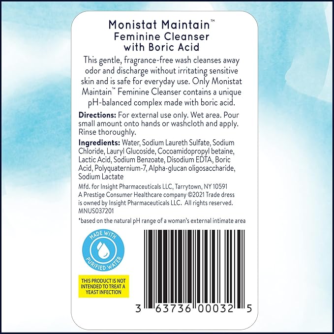Monistat Boric Acid Feminine Wash, Fragrance-Free Intimate Wash for Women with Gentle pH-Balanced Formula, 10 Fl Oz (Pack of 2)