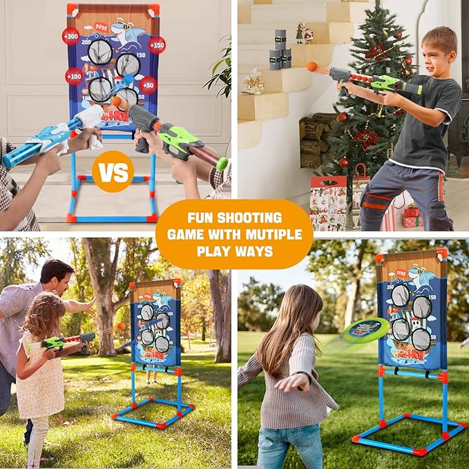 Shooting Games Toy for Age 5 6 7 8 9 10+ Boys Kids Sports & Outdoor Play Toys with Player Air Guns, Shooting Target, 24 Foam Balls, Foam Darts, Oil-Tank Targets, Flying Discs Gifts for Boys