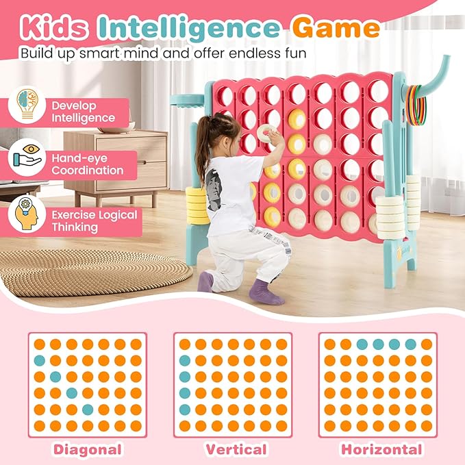 COSTWAY Jumbo 4-to-Score Giant Game Set for Kids & Adults, 2.5Ft Indoor Outdoor Game with Basketball Hoop, Ring Game, 42 Jumbo Rings, Quick-Release Slider, Perfect for Birth & Holiday Party
