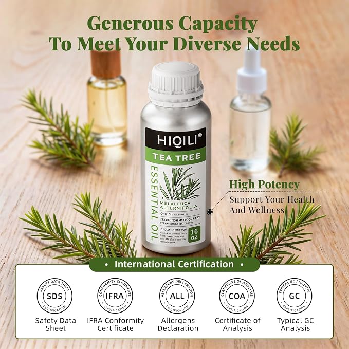 HIQILI Tea Tree Oil for Skin, Hair, Nail, Diffuser, Soap Making | Includes Two Portable Decanters - 500mL / 16 fl.oz