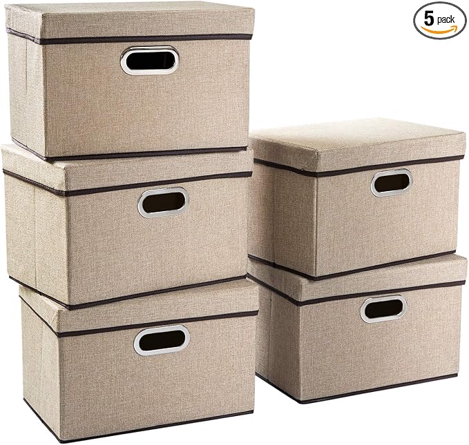 Collapsible Storage Containers with Lids [5-Pack] Jute Fabric Foldable Storage Bins Boxes Organizer Baskets Cube with Cover for Home Bedroom Closet Office Nursery (14.9x9.8x9.8)