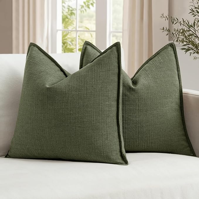 MIULEE Thick Textured Euro Sham Throw Pillow Covers 24x24 Inch Dark Green | Set of 2, Decorative Linen Blend Pillow Cover, Flange Edge Design, Farmhouse Modern Boho Style, Bed Couch Living Room Decor
