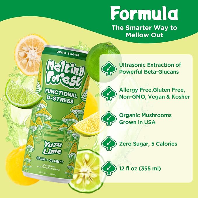 Melting Forest Functional Mushroom D-Stress - Adaptogen Drink with L-Theanine, Reishi, Lion's Mane & Magnesium - Relaxation Drinks for Stress Relief - Zero Sugar, 5 Calories - Yuzu Lime (12-Pack)