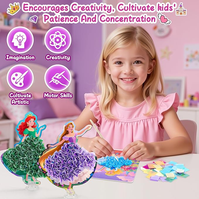 8PCS Poke Art Kits - Magical Princesses, Mess-Free Fabric Creative Art, DIY Arts and Crafts Toys for Kids Ages 3-12, Birthday Christmas Gifts & Party Favors for Girls & Boys 4, 5, 6, 7, 8, 9 Years Old