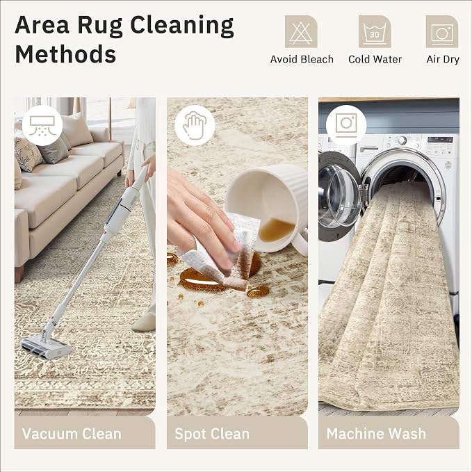 Soalmost 5x7 Area Rugs Light Brown Washable Trendy Faded Style Floral Rugs | Vintage Non-Slip Indoor Accent for Bedroom Dining, Foldable Stain Resistant Floor Carpet Mat Under Table Home Office Decor