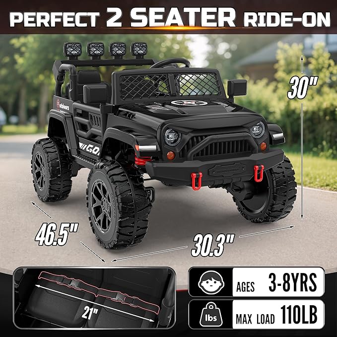 ARBELI 2 Seater Ride On Car for Kids, EVA Tires, 24V 4WD Electric Car w/Remote Control, Bluetooth, LED Lights, Ride On Truck for Boys and Girls Aged 3-8, Black