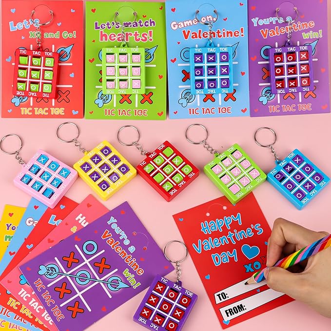 24 Pack Valentines Day Gifts for Kids Classroom Valentines Day Cards with Tic-Tac-Toe Game Keychains Valentines for Kids School Class Exchange Cards Valentines Party Favors Boys Girls Toddlers