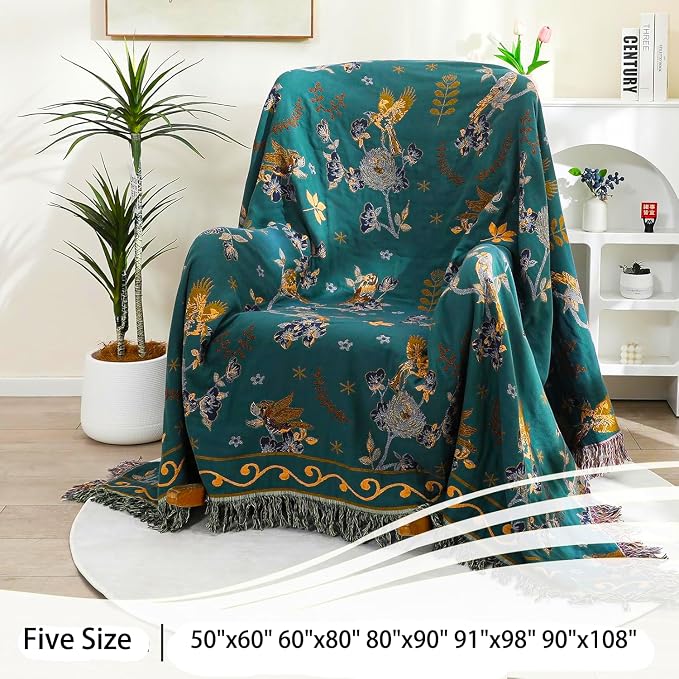 VANJOROY Boho 100% Organic Cotton Muslin Throw Blanket 50" x 60" - All Season Rustic Ultra Soft Breathable Floral Bird Blanket for Bed Sofa Couch Chair Bedspread Quilt Gift-Teal/Beige