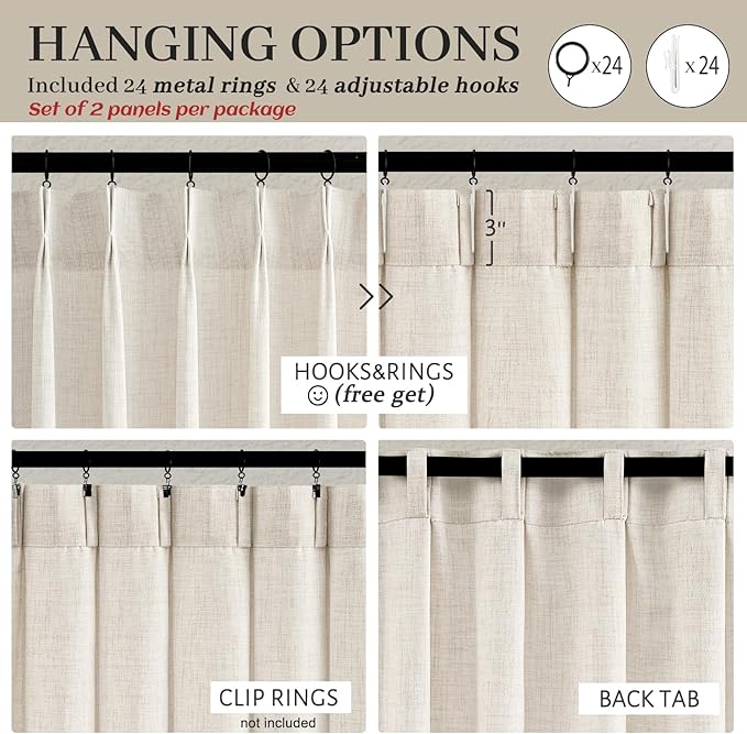 Birch Light Filtering Linen 60 Inch Wide 84 Inches Long Curtains for Living Room 2 Panels Set, Pinch Pleated Farmhouse Semi Sheer Heavy Drapes Privacy Ivory Rustic Windows Curtain for Bedroom 60"x84"