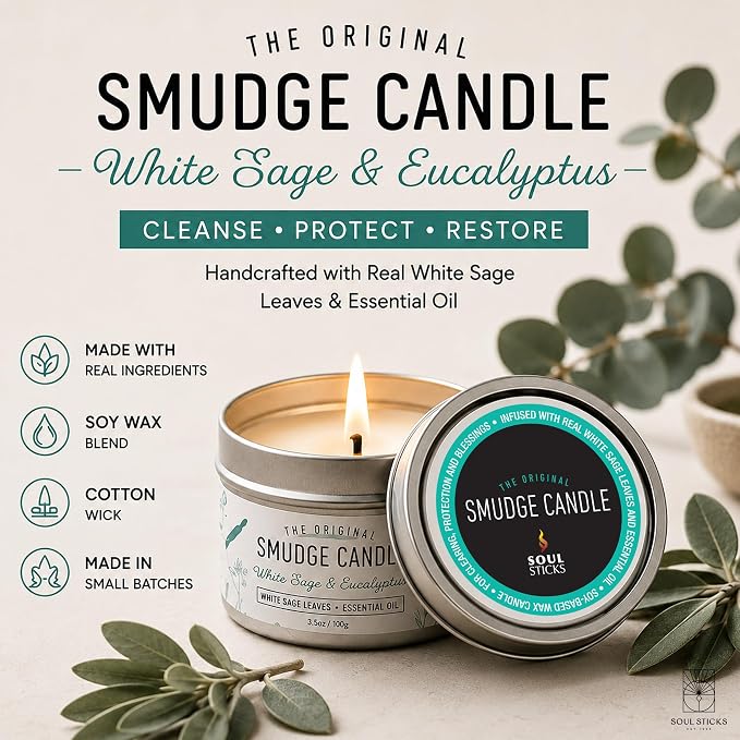 SOUL STICKS Smudge Candle for Cleansing House, Meditation, Chakra Healing, Aromatherapy | 3.5 Ounce Smudge Candle for Spiritual Cleansing (White Sage & Eucalyptus)