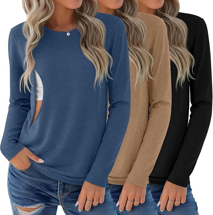 3 Pack Nursing Tops for Breastfeeding Maternity Shirts Zipper Long Sleeve Round Neck Knit Casual Nursing Clothes
