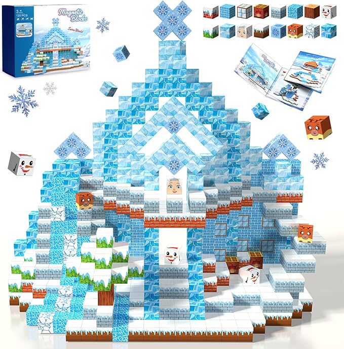Magnetic Blocks, 120PCS Magnetic Building Blocks Magnet Cubes STEM Montessori Sensory Educational Toys for Kids Boys Girls (Ice-Castle)