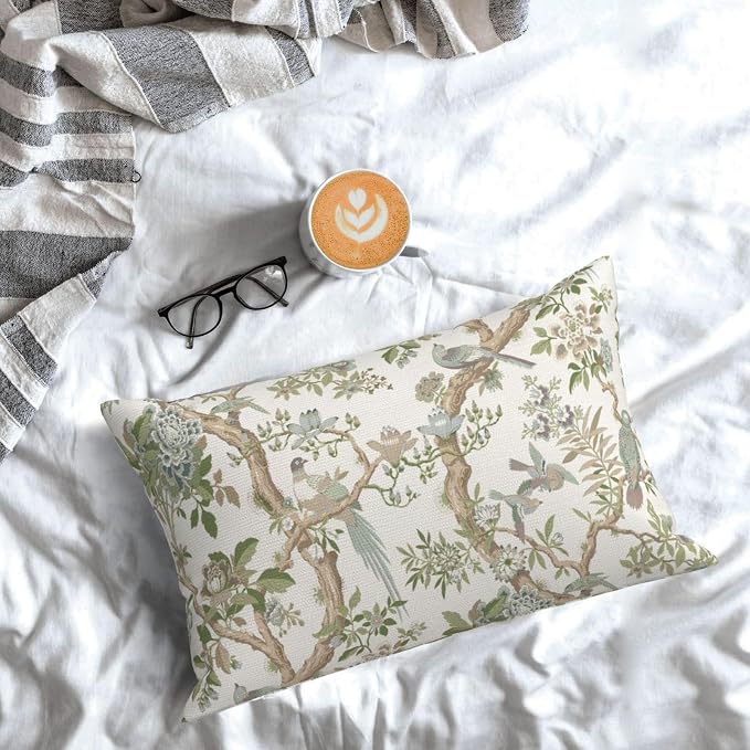 Green Floral Bird Pillow Covers 12x20 Set of 2 Chinoiserie Throw Pillows Green Vintage Flowers Bird Decorative Pillow Cases Outdoor Chinoiserie Decor Farmhouse Cushion Case for Couch Sofa