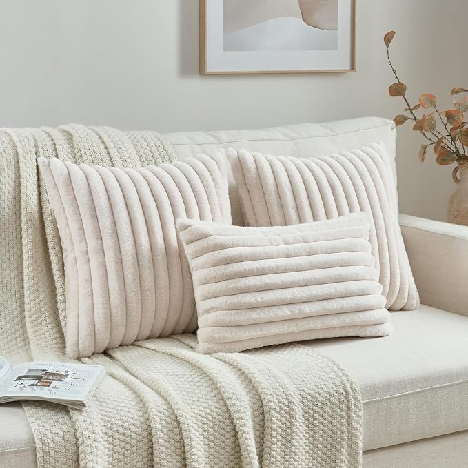 FUTEI Pack of 2 Faux Fur Throw Pillow Covers 12x20 Inch, Light Beige | Fluffy Faux Rabbit Fur Front/Premium Velvet Back,Hidden Zipper,Machine Washable,Non-Shedding,Colorfast,Insert Not Included.