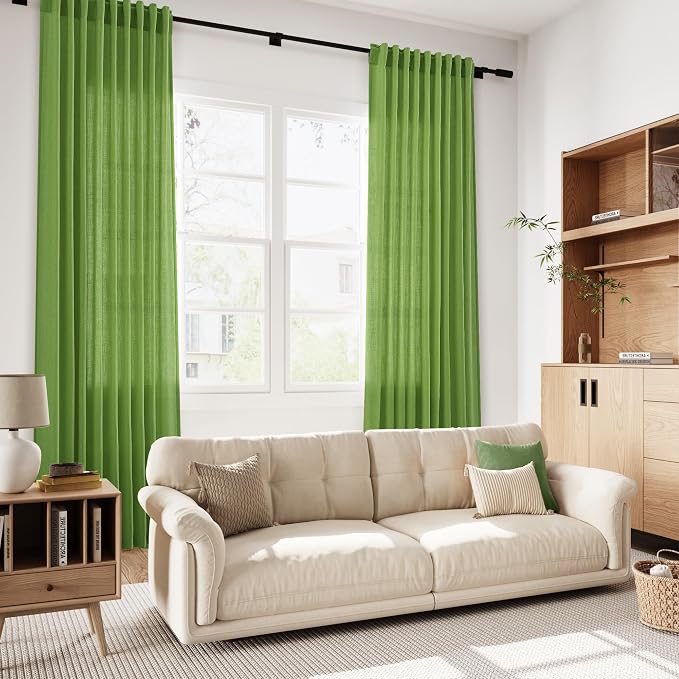 Lime Green Linen Curtains 72 Inch Long for Living Room Bedroom Lightweight Door Drapes 2 Panels Set, Semi Sheer Light Filtering Back Tab or Rod Pocket Curtain,52x72