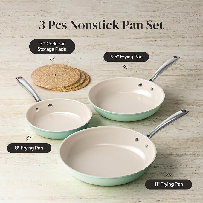 Redchef Ceramic Nonstick Pan Set, Ceramic Frying Pans with Ergonomic Stainless Steel Handles, PFOA PFAS PTFE Free, Induction Ready Cookware with 3 Cork Pads, Oven Safe, Mint Green（8+9.5+11"）