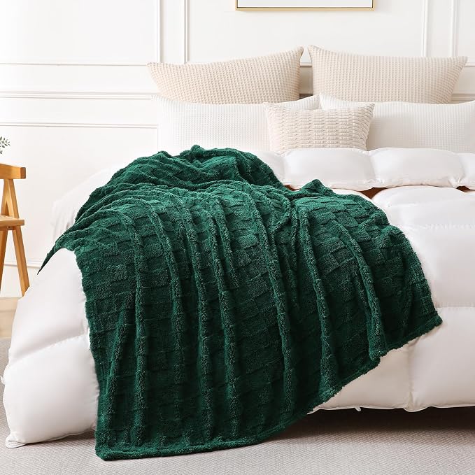 Green Fleece Throw Blanket 50”×60”Checkered Design for Couch Sofa | Super Soft Cozy Plush Microfiber 3D Square Pattern Flannel Blanket for Bed Lightweight for Adults,Women