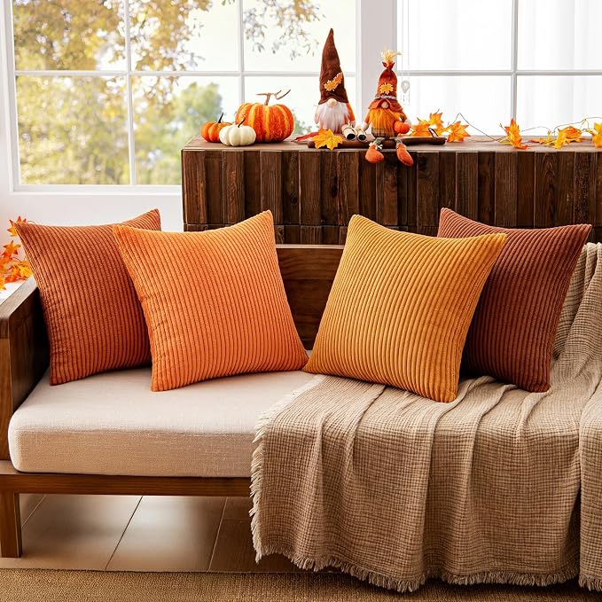 MIULEE Fall Corduroy Decorative Throw Pillow Covers Orange Rust 18x18 | Set of 4, Vintage Retro Fall Decor, Autumn Harvest Collection, Boho Farmhouse Cushion Covers for Couch Bed Sofa Living Room