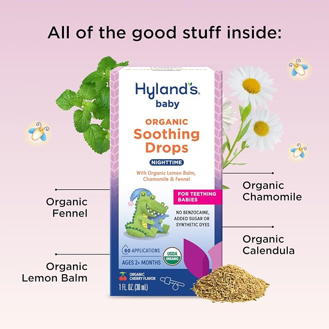 Hyland's Nighttime Baby Drops - 1 oz, Organic Cherry Flavor - Soothing Oral Discomfort Relief Drops for Teething Babies