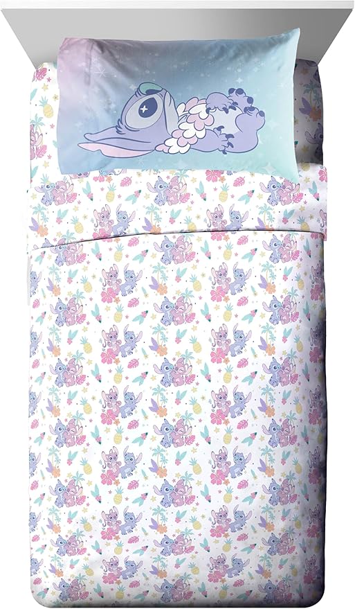 Jay Franco Disney Lilo and Stitch Full Size Comforter Set - 7 Piece Floral Bedding Includes Sheet Set & Pillow Covers Features Angel - Super Soft Purple & Teal Stars Kids Bedding
