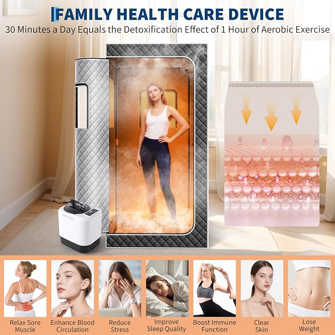 Portable Sauna Box for Home, Personal Sauna Tent for Relaxation, Indoor Steam Sauna Room with 4L/1500W Steamer,Easy Setup Quick Heat-Up Foldable Sauna for Home Spa（Grey）