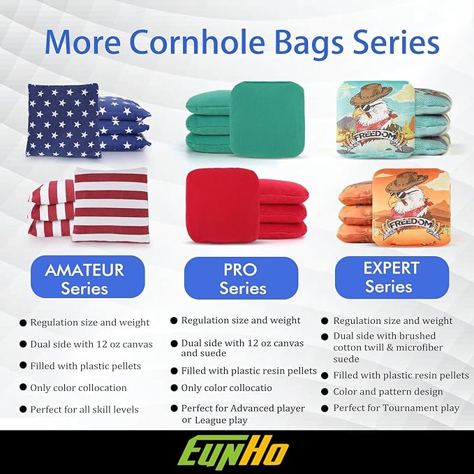 EunHo Regulation Cornhole Bags Set of 8 - Dual Sided Slick and Stick Cornhole Bean Bags for Tossing Game Professional All Weather Pro Corn Hole Bags with Tote Bag