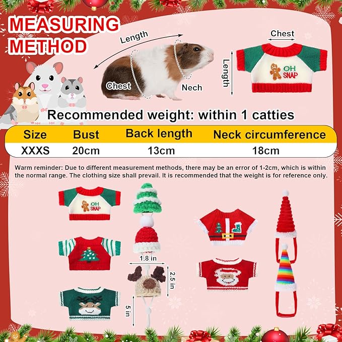 10 Pcs Guinea Pig Clothes, 5 Guinea Pig Costume Outfit, 5 Mini Hat with Adjustable Strap Small Animal Warm Vest Sweater Cozy Hand Knitted Hat for Hamster Bunny(Classic)