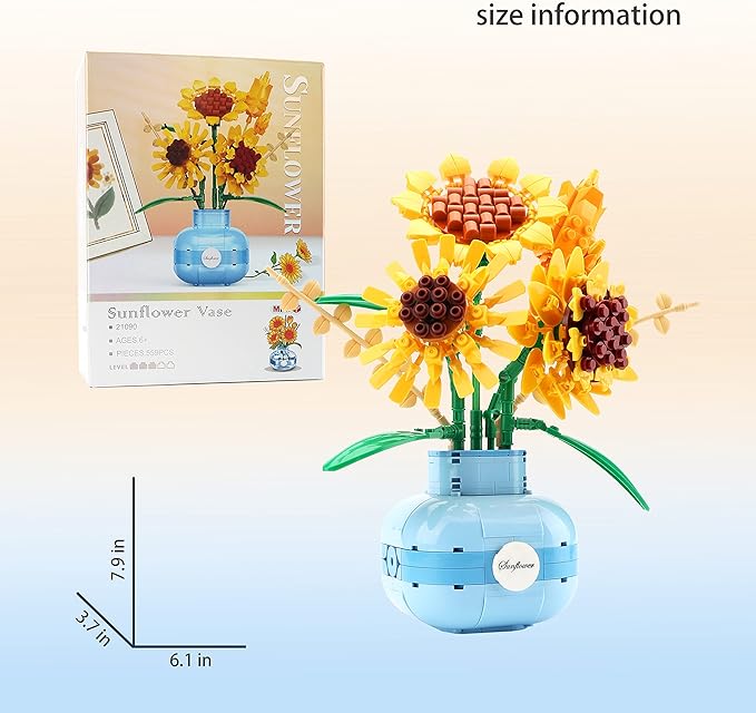 Sunflower Building Blocks Set Flower Bouquet with Vase for Adults Building Toys for Girls Boys Home Decor - 559PCS 12+