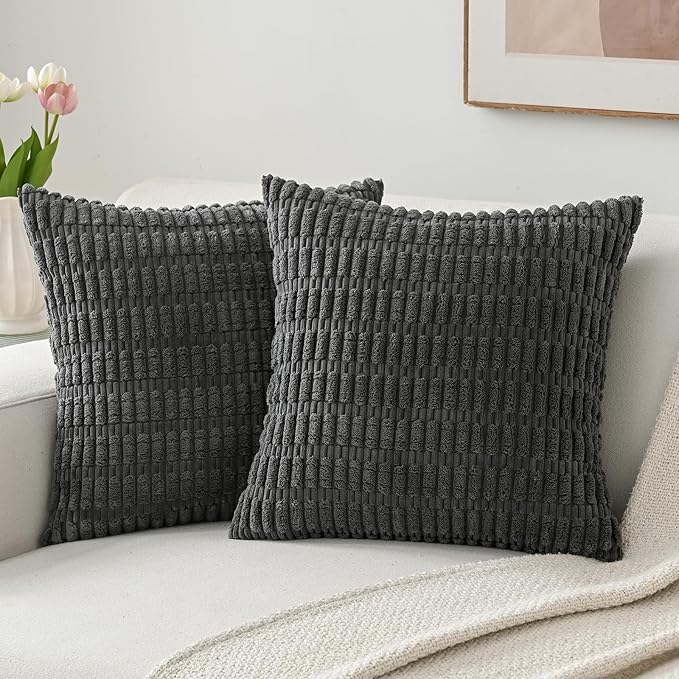 Volcanics Pack of 2 Corduroy Decorative Dark Grey Pillow Covers 18x18 | Soft Striped Square Cushion Cases, Modern Farmhouse Boho Home Decor