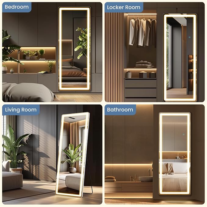 DUMOS Full Length Mirror Lighted, 26"x70" LED Floor Standing Mirror | LED Lights 3 Color Lighting and Shatterproof Tempered Glass, Wall Hanging or Leaning, Floor Standing, Modern Home Decor