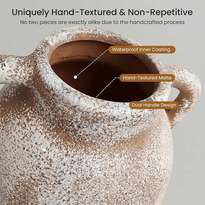 Ceramic Flower Vase, 9.8" Rustic Farmhouse Vase with Glazed Interior, Decorative Pottery Vase for Fresh Flowers, Eucalyptus, Dining Table Centerpiece, Entryway and Mantel Decor